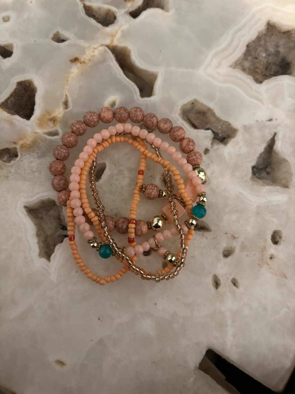 Stacked Peach & Teal Beaded Bracelet Set - Women Jewelry
